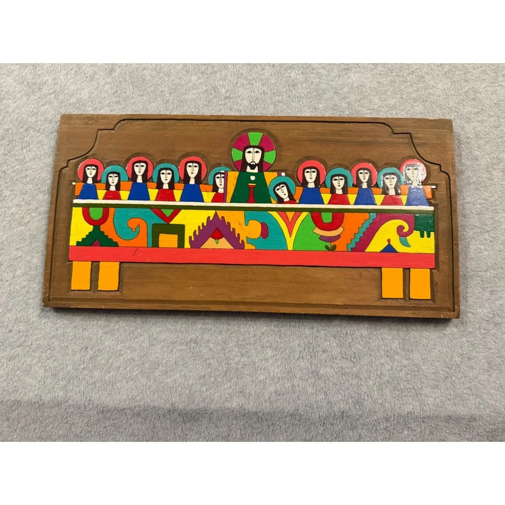 Vintage Folk Art The Last Supper Wood Plaque Hand Painted Religious Wall Decor